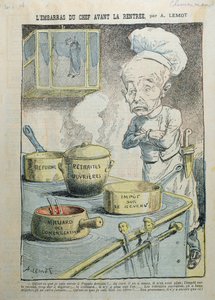 "O embaraço do chefe antes do retorno", caricatura crítica de Georges Clemenceau (1841-1929), 1906